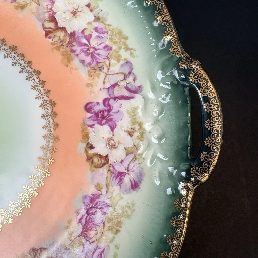 Antique Bavaria Z S & Co Floral Cake Plate Gold Trim Handles‎ Green Pink Peach